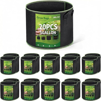 Delxo 20 Pack 5 Gallon Grow Bags Heavy Duty Aeration Fabric Pots Thickened Nonwoven Garden Plant Growing Bags with Handles for Planting