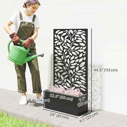 Outsunny Metal Raised Garden Bed with Trellis for Climbing Plants, Freestanding or Wall Mounted Flower Bed with Privacy Panel, Leaves Cut-Outs Outdoor Planter Box for Garden, Patio, Balcony
