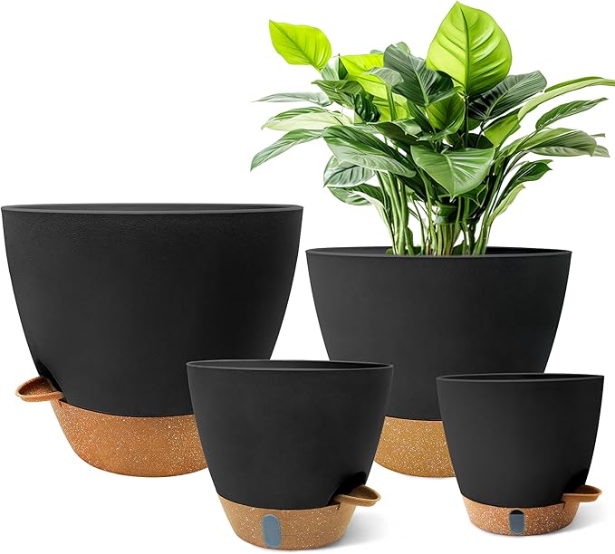 MNKXL 12"/10"/9"/8" Self Watering Pots with Visual Water Window,Extra Large Self Watering Plant Pots with Drainage Holes & Saucers,Black Planters for Indoor Plants,4-Pack