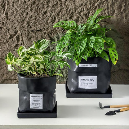 Nihow Ceramic Plant Pot: 8 Inch Planter with Drainage Hole & Square Saucer for Herbs/Plants, Bag Shape Design Flower Pot for Indoor & Outdoor Garden Decor - Black