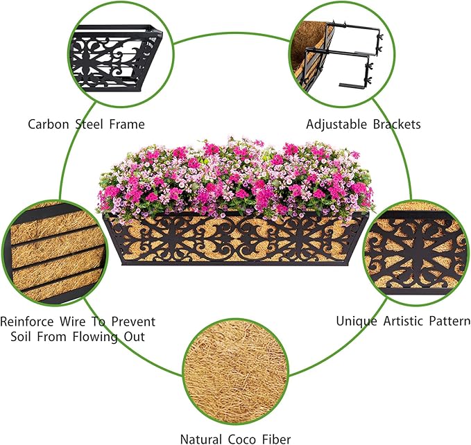 6 Pack 24 Inch Window Boxes Planters Railing Planter Box with Adjustable Brackets & Coco Liners Fabric Plant Grow Bags Deck Railing Planter Boxes Balcony Hanging Flower Box for Outdoor Plants