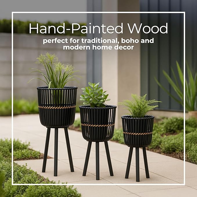 Decorative Bamboo Footed Planters for Home Decor - Garden Plant Pots for Indoor Living Room Decor or Outdoor Patio Areas - Flower Pots for Entryway and Backyard - Set of 3, 27", 23", 19", Black