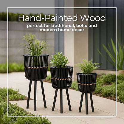 Decorative Bamboo Footed Planters for Home Decor - Garden Plant Pots for Indoor Living Room Decor or Outdoor Patio Areas - Flower Pots for Entryway and Backyard - Set of 3, 27", 23", 19", Black