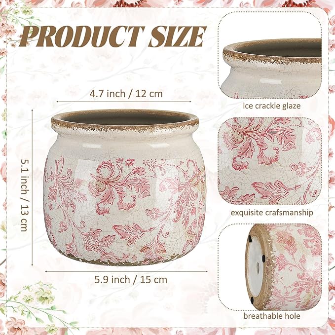 Vintage Planter Large Ceramic Plants Pot Pink Floral Scroll Ice Crack Cottage Scroll Vase Flower Vase Pot Indoor Plants Home Kitchen Decor Farmhouse Antique Decorative Gifts