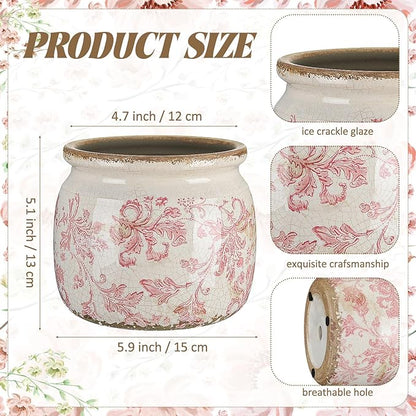 Vintage Planter Large Ceramic Plants Pot Pink Floral Scroll Ice Crack Cottage Scroll Vase Flower Vase Pot Indoor Plants Home Kitchen Decor Farmhouse Antique Decorative Gifts