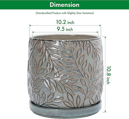 D'vine Dev 10 Inch Embossed Leaves Stoneware Planter Pot with Drainage Hole and Saucer, Graphite Blue, 27-A-P-9