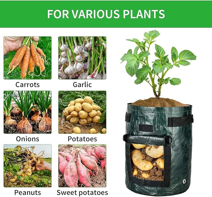 iPower 4 Pack 10 Gallon Potato PE Grow Bags with Flap, Garden Planting Nonwoven Fabric Pots with Reinforced Handle, Heavy Duty and Aeration Planter Pot for Tomato, Fruits, Vegetables and Flowers