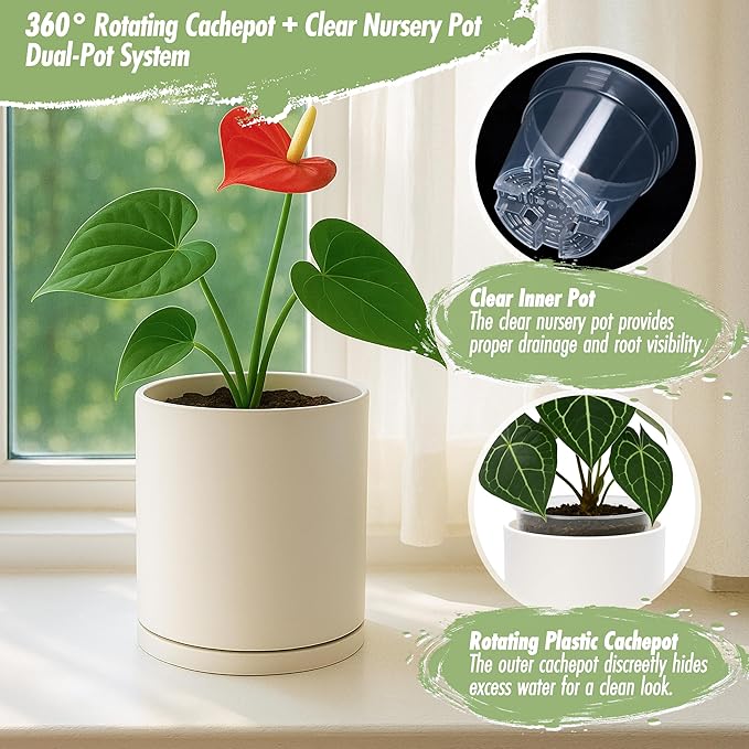 D'vine Dev Double-Layer Planter Set – Rotating Plastic Cachepot with Clear Inner Liner for Root Health, Perfect for Indoor Plants, 4.5", Oatmeal, 73-U-D-1
