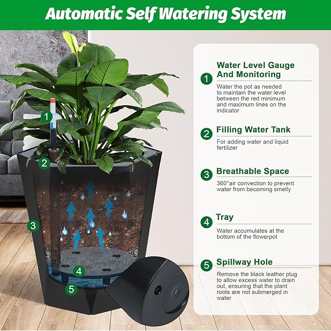 GarveeLife 16 Inch Tall Planters Set of 2, Outdoor Planters Self Watering Plant Pots with Water Level Monitor, Multiple Drainage Holes, Flower Pots for Patio, Porch, Living Room, or Home Office, Black