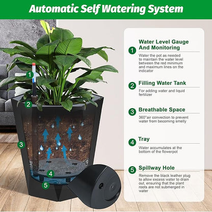 GarveeLife 16 Inch Tall Planters Set of 2, Outdoor Planters Self Watering Plant Pots with Water Level Monitor, Multiple Drainage Holes, Flower Pots for Patio, Porch, Living Room, or Home Office, Black