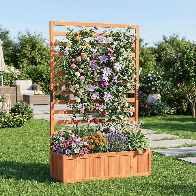 HAPPYGRILL Raised Garden Bed with Trellis, 59" Tall Wooden Elevated Planter Box w/Liner, Drainage, Detachable Base Panel for Climbing Plant Vine Flower, Outdoor Planter w/Trellis for Patio (2)