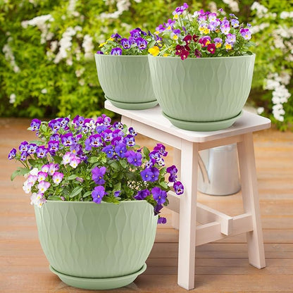 12/10/9 inch Plant Pots, 3 Pack Flower Pots for Outdoor Indoor Garden Plants, Large Planters with Multi Mesh Drainage Holes and Saucer (Green, 12"+10"+9")