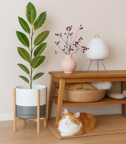 D'vine Dev Ceramic Planter with Natural Stand - 12 Inch Modern Round Flower Pot with Wood Planter Holder, White/Grey, 55-B-J-6