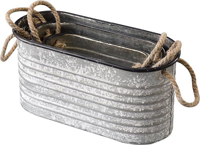 SOFE Rustic Galvanized Tub Small Oval Planter Set of 3, Planters for Indoor Plants, Metal Bucket with Rope Handles, Farmhouse Indoor Plant Pot Home Decor for Outdoor Garden