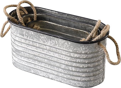 SOFE Rustic Galvanized Tub Small Oval Planter Set of 3, Planters for Indoor Plants, Metal Bucket with Rope Handles, Farmhouse Indoor Plant Pot Home Decor for Outdoor Garden