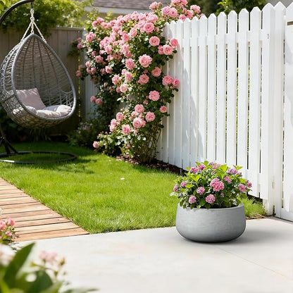 Kante 15.7" Dia Round Concrete Planter, Outdoor Indoor Garden Plant Pots with Drainage Hole and Rubber Plug, Modern Curvaceous Design, Natural Concrete