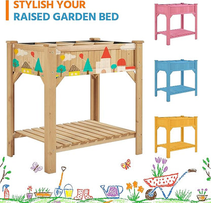 Topeakmart Wood Elevated Herb Garden Planters Vegetable Growing Bed Flower Plant Boxes for Small Spaces with Grow Grid, Fabric Liner, Protective Gloves & Legs