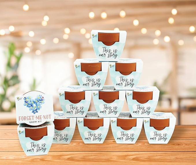 BUZZY Seeds Forget-Me-Not Terracotta Mini Grow Pots Love Collection, 12-Pack All-in-One Gardening Kit for Wedding Favors, Prizes, Birthday Gifts, Party Favors, Bridal Showers, Valentines
