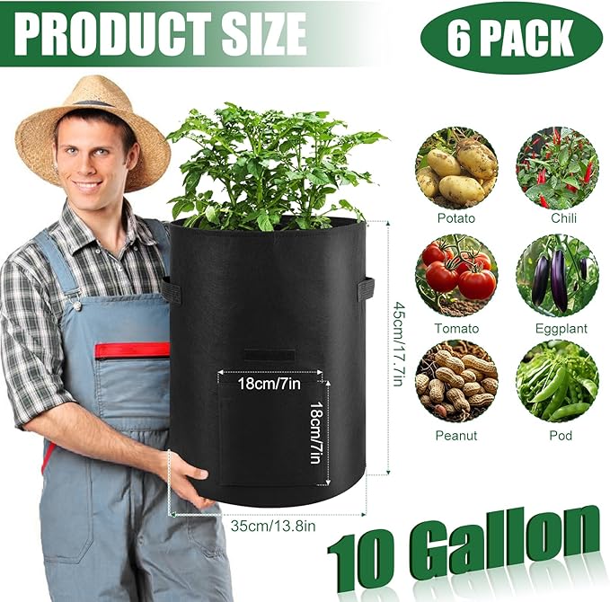 10 Gallon Potato Grow Bags,6 Pack Garden Planting Bag with Durable Handle and Harvest Window,Thick Nonwoven Fabric Planter Pot for Potato Tomatoes Carrots Vegetables and Fruits, Black