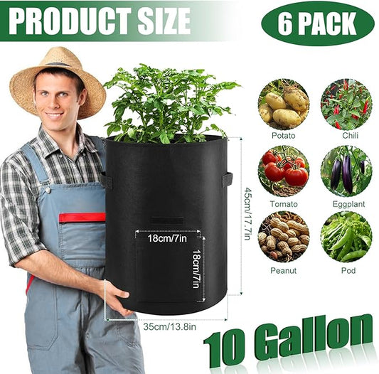 10 Gallon Potato Grow Bags,6 Pack Garden Planting Bag with Durable Handle and Harvest Window,Thick Nonwoven Fabric Planter Pot for Potato Tomatoes Carrots Vegetables and Fruits, Black