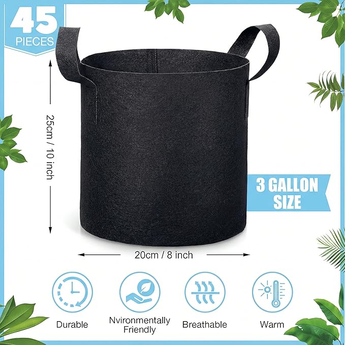 45 Pack Grow Bags Aeration Fabric Planter Pots Nonwoven Grow Bags with Handles Black Plant Container Bucket for Garden Planting Vegetable Flower Potato (3 Gallon)