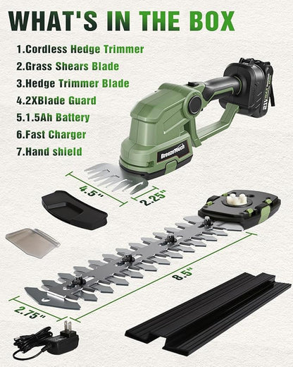 Breeze Touch 21v Cordless Hedge Trimmer, Electric Bush Shear & 2 Blades Grass Tool with 1.5ah Battery and Fast Charger, Light Weight Handheld Solution for Lawn and Garden Care