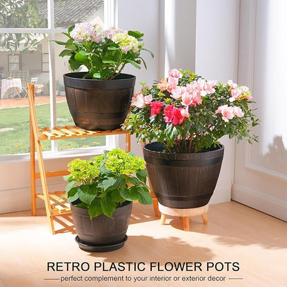 VECELO Plant Pots with Drainage Holes & Saucer, 13 Inch Flower Pots with Tray, 3 Pack Plastic Whiskey Barrel Planters for Indoor & Outdoor Garden Home Plants and Flowers