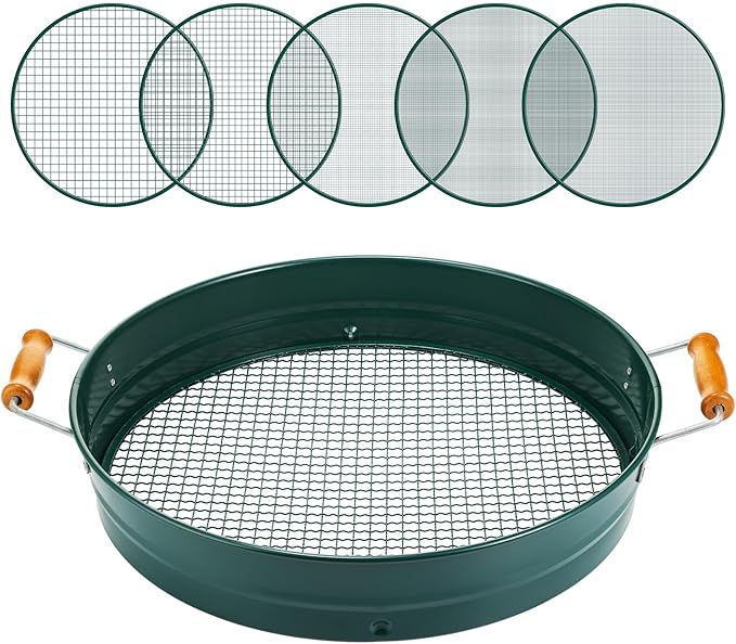 Soil Sifter for Gardening with 1, 3, 6, 9, 12 mm Sieve Mesh Compost Dirt Sifter with Handle Large Garden Sand Soil Rock Sieve 17.7" l x 13.8" W for Sand Rocks Pellet Gravel (Green)