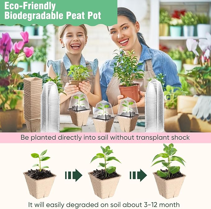 Baderke 120 Pcs Biodegradable Nursery Pots with 30 Humidity Dome and 30 Labels, 2.36" Plant Nursery Seed Starter Planter Biodegradable Peat Pots for Planting Seedlings, Vegetables (Square)