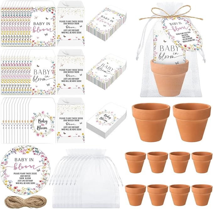 Baby Shower Party Favors Baby in Bloom Envelopes Seed Packets Include 24 Mini Terracotta Pots Seed Packets 24 Self Adhesive Envelopes Thank You Tags Gifts for Party(Wildflower)