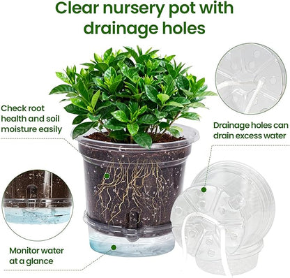 MIXC 18 Packs 6.5/5/4 Inch Self Watering Pots for Indoor Plants - Clear Nursery Plant Pots with Drainage, Deep Visible Reservoir - Flower Planter Outdoor with Wicking Rope