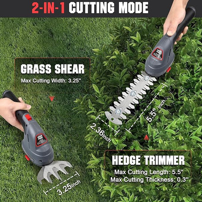 Cordless Grass Shear & Hedge Trimmer, 2 in 1 Handheld Bush Trimmer, 7.2V Electric Shrub Trimmer/Grass Cutter with Type-C Cable and Rechargeable Lithium-Ion Battery