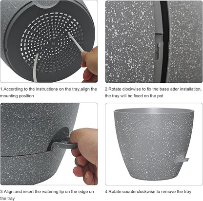 12 Inch Large Self Watering Pots, Flower Pots with Multi-Mesh Drainage Holes and Saucer, Planters for Indoor and Outdoor Garden Plants (Speckled Grey)
