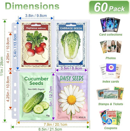 480 Pockets 3.5x5” Seed Packet Sleeves, 60 Pack Double Sided 4 Pocket Seed Organizer Sheet,Heavy Duty Garden Seeds Storage Pages for 3 Ring Binder, 8.5x11” Top Loading Clear Photo, Index Card Sleeves