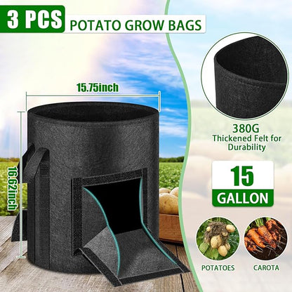 MJZ 3 Pack 15 Gallon Potato Grow Bags with Harvest Observation Windows, 380G Thickened Potato Bags for Growing Potatoes, Heavy Duty Nonwoven Fabric Garden Growing Containers to Grow Vegetable Tomatoes