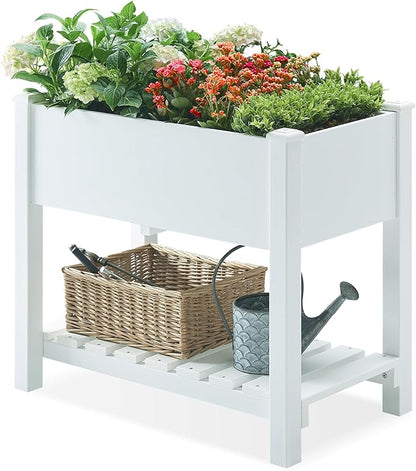 Psilvam Raised Garden Bed (4'x2') - 34 Inch Tall Poly Lumber Planter Box with Storage Shelf & Waterproof Tarp, No Assembly Required, Rot Resistant & Zero Maintenance for Vegetables, Flowers