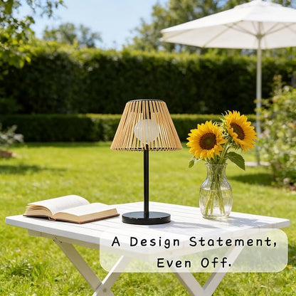 Solar Powered Table Lamp, Rattan Wicker Shade, Khaki Color, PP and Iron Material, Garden Courtyard Lawn Decor, 8.66 x 15.94 Inches