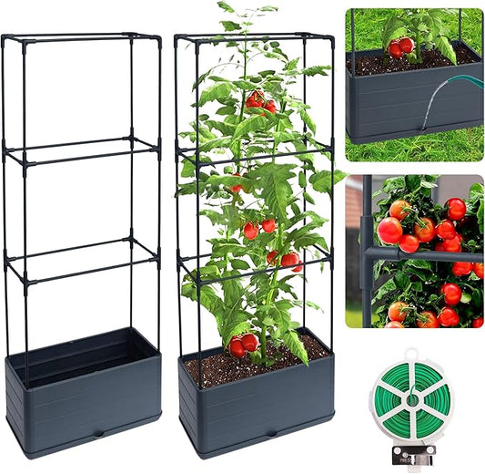 2 Packs Raised Garden Bed Tomato Planter Box with Trellis, 43.4" Self-Watering Tomato Cage with Rectangular Trellis for Climbing Plants, Flowers, Vegetables, Vine in Patio Garden Indoor Outdoor