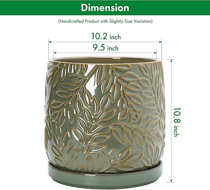 D'vine Dev 10 Inch Embossed Leaves Stoneware Planter Pot with Drainage Hole and Saucer, Olive, 27-A-P-0