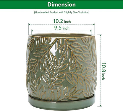 D'vine Dev 10 Inch Embossed Leaves Stoneware Planter Pot with Drainage Hole and Saucer, Olive, 27-A-P-0