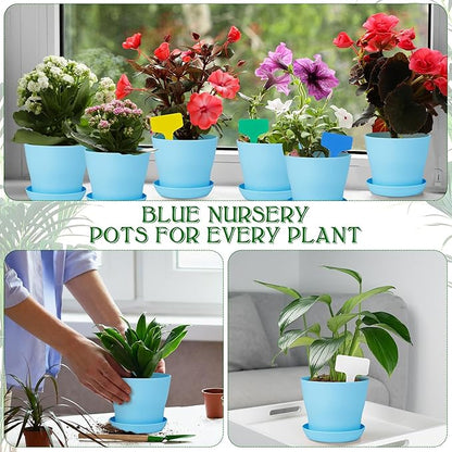 Aodaer 24 Pack 4 Inch Plastic Planters with Multiple Drainage Holes and Tray Indoor Outdoor Flower Plant Nursery Pots with Labels Flower Seedling Pots for Herb Garden Home Succulents, Blue