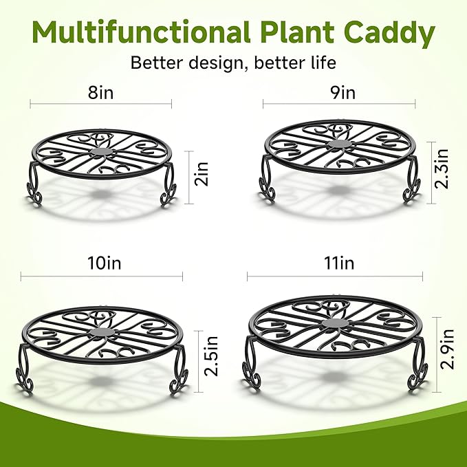8" 9" 10" 11" 4-Pack Wrought Iron Plant Stands for Outdoor & Indoor Use, Heavy Duty Rustproof Metal Pot Stand Holder, Single Short Round Black Base for Patio Garden Porch Plants Flower Pots Planter Riser