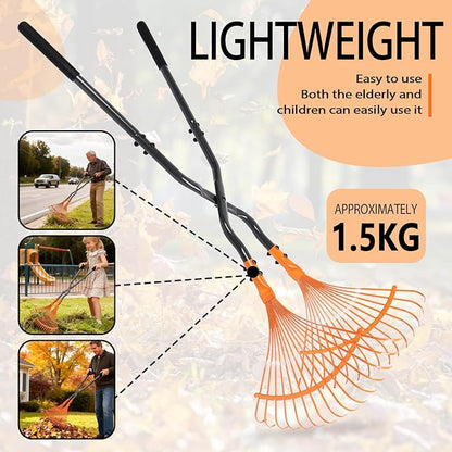 Leaf Grabber Rake with Long Handle, Black and Orange, Heavy-Duty Garden Lawn Cleanup Tool