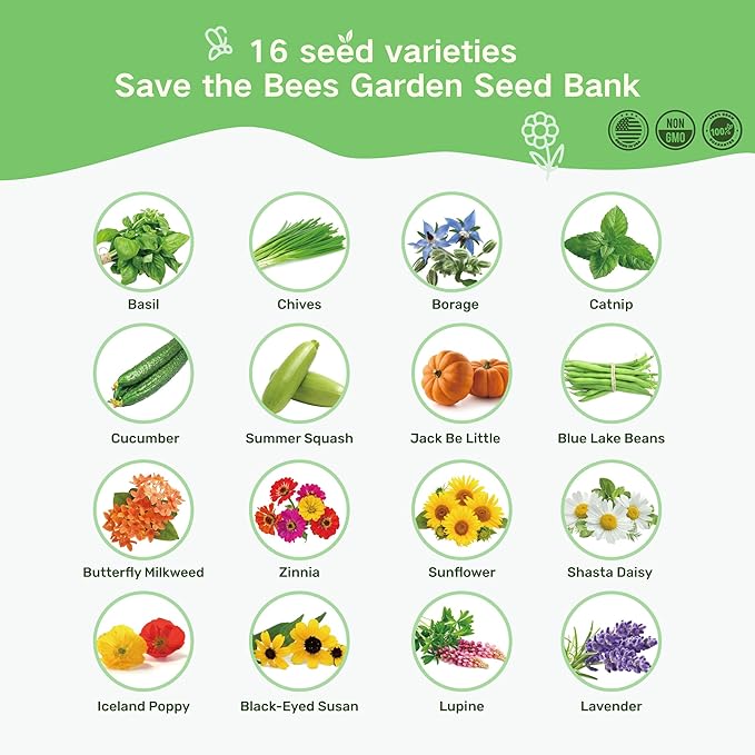 Lush&Dew Save Bees Garden Seed Bank, Gardening Gift for Women Men,16 Varieties Non-GMO Heirloom Pollinator-Friendly Vegetable Flower Seeds Kit, Planting in Raised Beds Outdoors, Milkweed Poppy Lupine