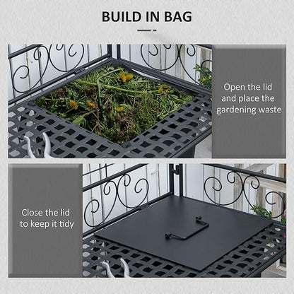 Outsunny Folding Potting Bench Table, Metal Garden Workstation, Work Bench with Large Build-in Bag with Cover, 5 Hanging Hooks & Storage Shelf, Flourishes