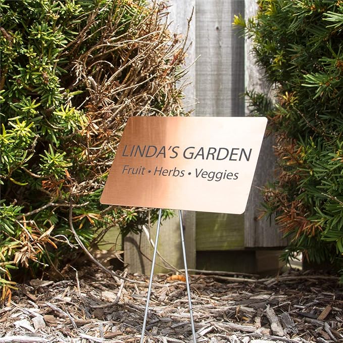 Outdoor Metal Garden Sign, Label, or Memorial. 4 x 2" or 6 x 4" sign with rounded corners and a 10" stake. Materials Include: Stainless Steel, Brass, Copper, Bronze and Titanium. (Bronze, 4 x 6")