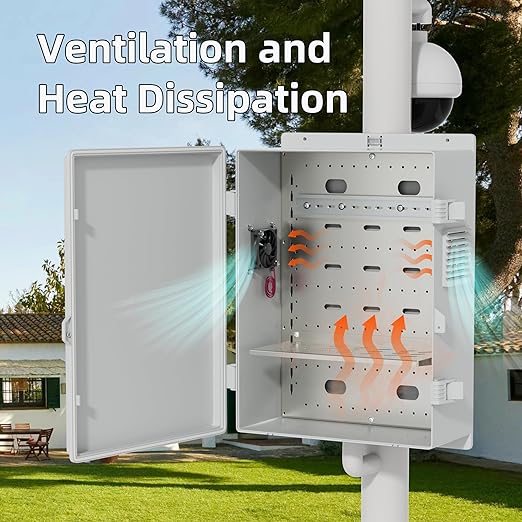 Joinfworld Vented Outdoor Enclosure Box 18.1x12.6x6.4 Outdoor WiFi Enclosure Waterproof White Nema Electrical Box with Cooling Fan for Electronics