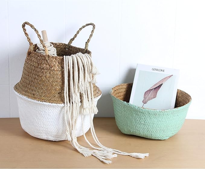 Woven Seagrass Belly Basket for Storage, Laundry, Picnic, Plant Pot Cover, and Grocery and Toy Storage (Black, Large)