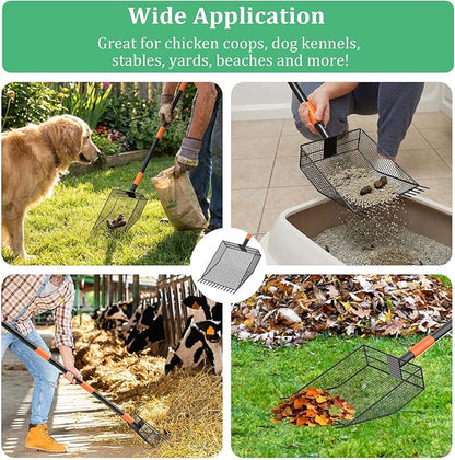 2-in-1 Chicken Poop Scooper & Rake, Heavy-Duty Chicken Coop Scoop with 33-61" Adjustable Handle and 14" Long Shovel Head, Metal Litter Scoop Sand Poop Shovel, Chicken Coop Cleaning Accessories