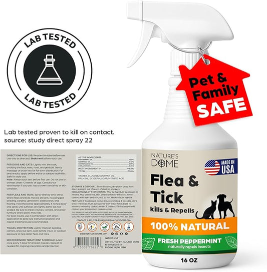 Nature’s Dome Peppermint Flea & Tick Spray – 16 oz – Kills & Repels Fleas, Ticks, Larvae & Eggs – Plant-Based Pest Control – Safe for Pets, Kids & Plants – Ready-to-Use (16 Oz, Peppermint)